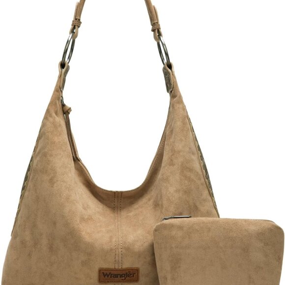 Wrangler Suede Hobo Purse for Women Embossed Soft Slouchy Shoulder Bag 2Pcs Set